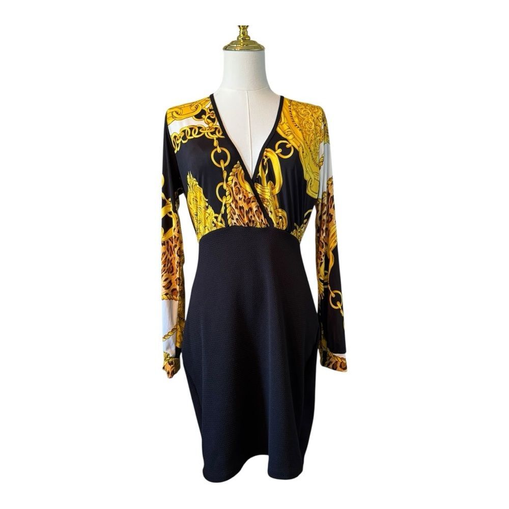 Vintage Fredes Elegant Black and Gold V-neck Pencil Skirt Dress Large L
